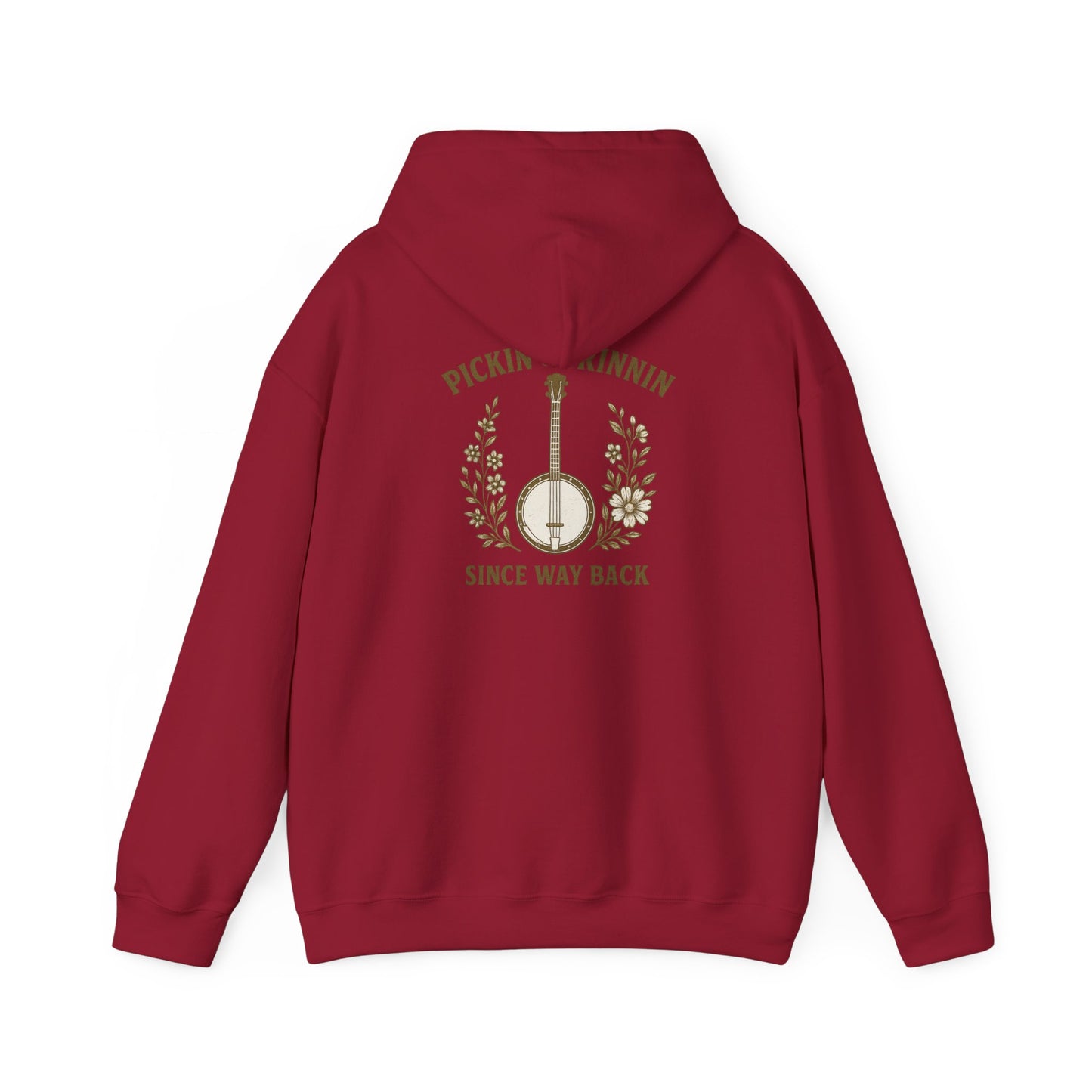 Vintage hoodie Sweatshirt with Pickin and Grinnin Banjo design on the back for bluegrass lovers