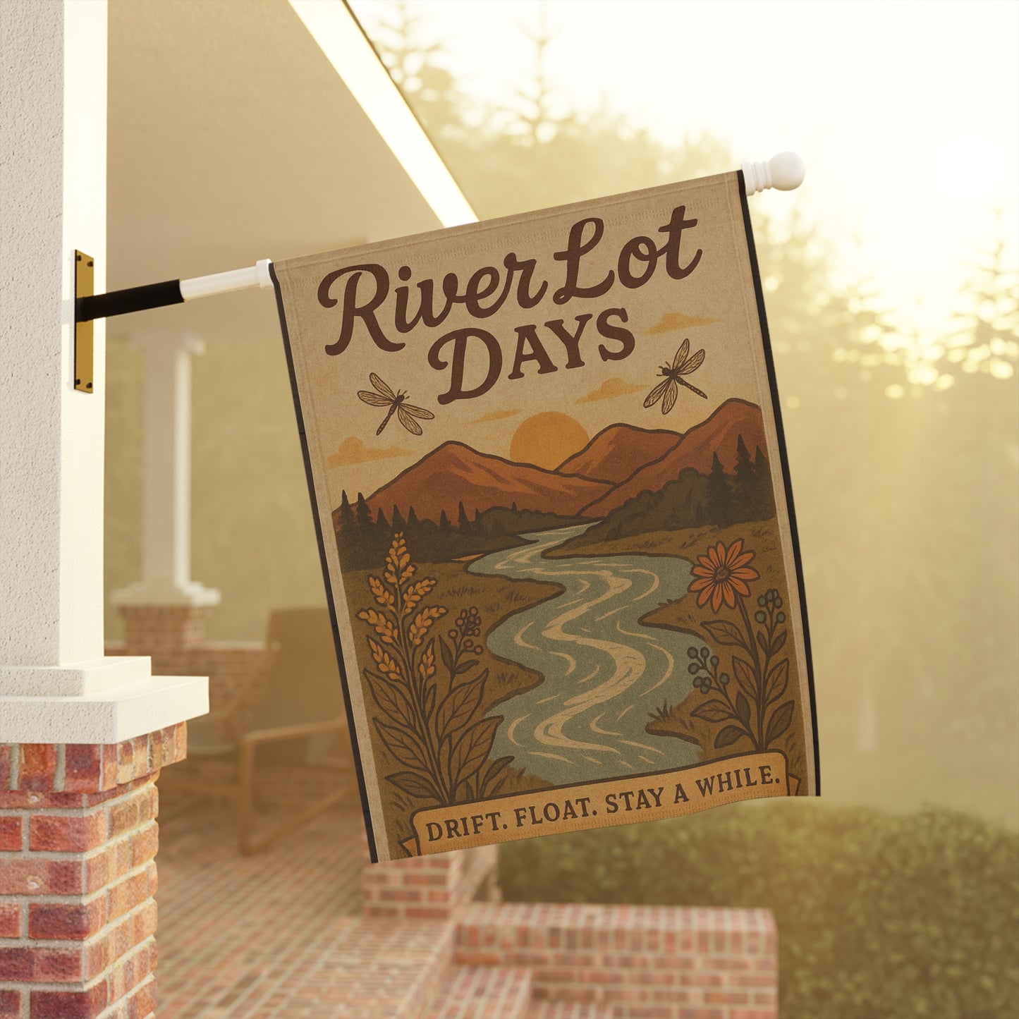 Outdoor Garden Flag - The River Lot Banner, Mountain Landscape Decor, Garden flag for the river with dragonflies