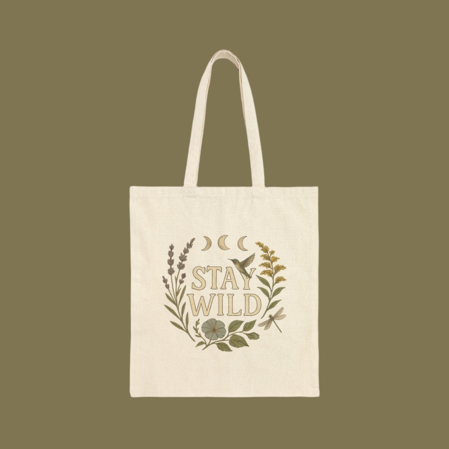 Stay Wild Floral Hummingbird Cotton Canvas Tote Bag - Eco-Friendly Reusable Shopping Bag, Boho Chic Beach Tote, Nature Lover Gift, Botanical