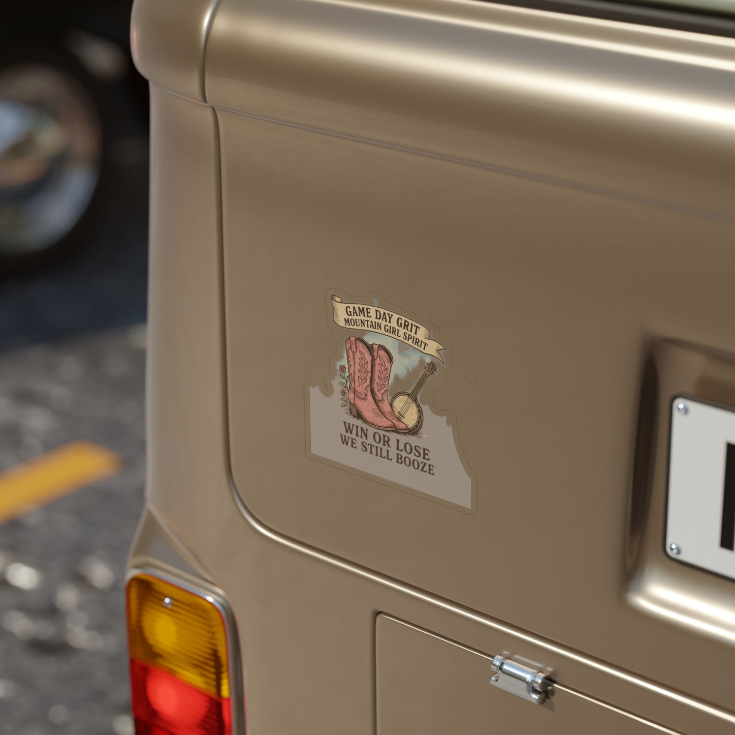 Die-Cut Outdoor Sticker, WV colleges Spirit Sticker for fans, Great for, Festivals, Tailgates, Win or Lose we still booze