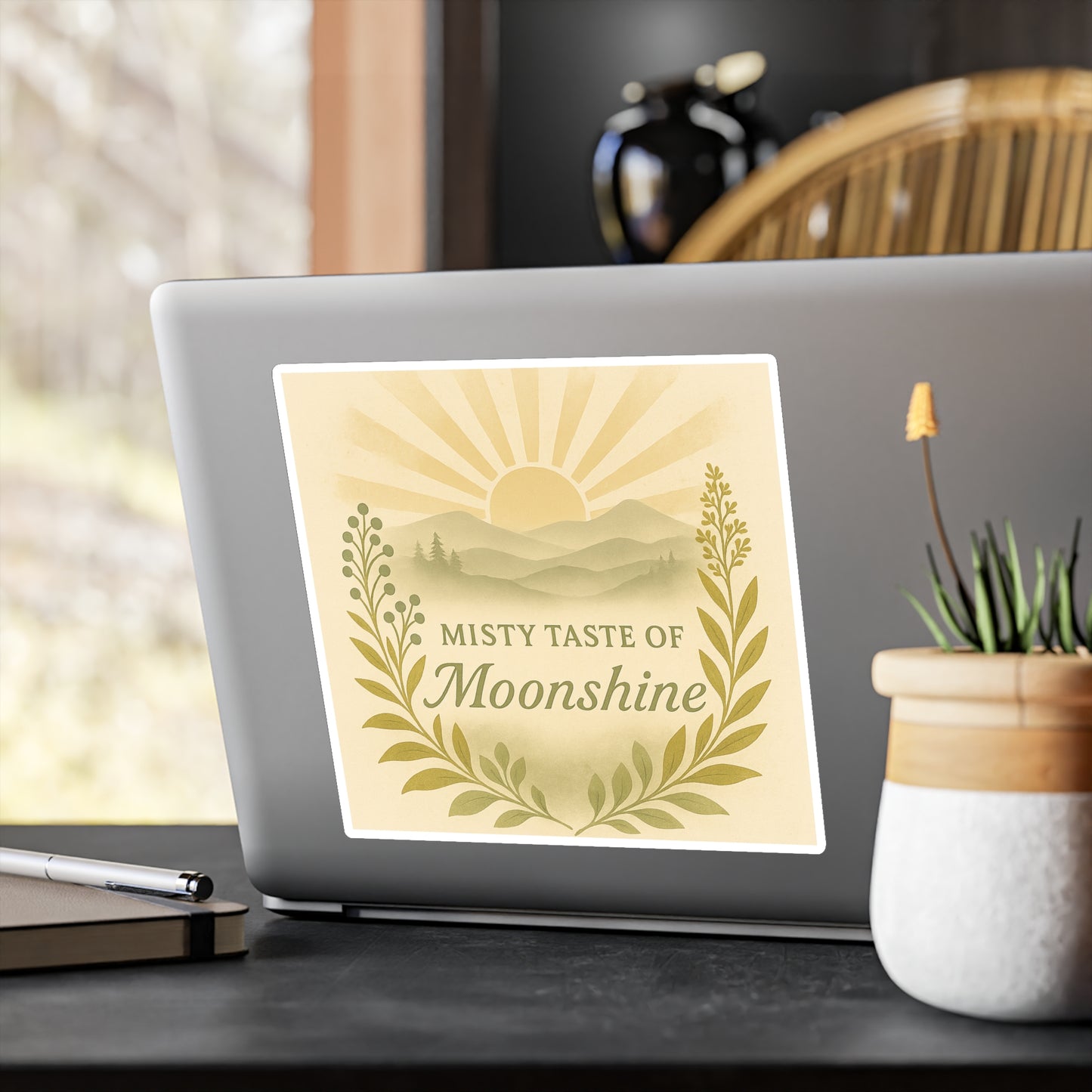 Mountain Sunrise Kiss-Cut Vinyl Decals, Misty Taste of Moonshine Sticker for Laptop, Water Bottle, Car, Sun and Mountains Decal, Nature