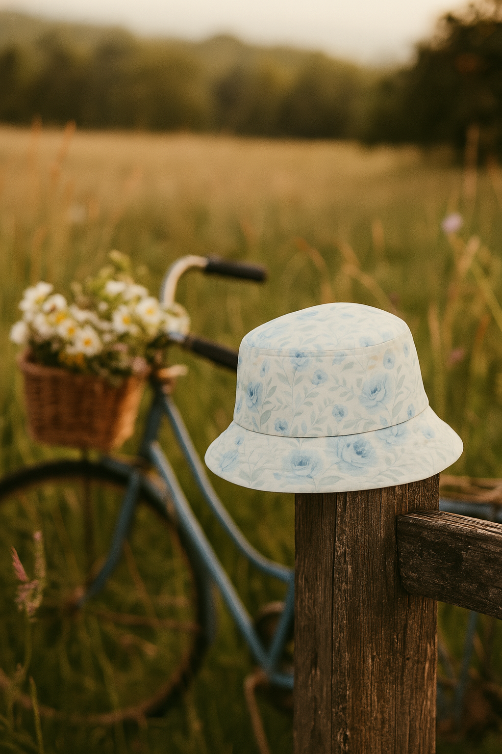 Dusty Blue Rose Bucket Hat – Vintage Floral Summer Style