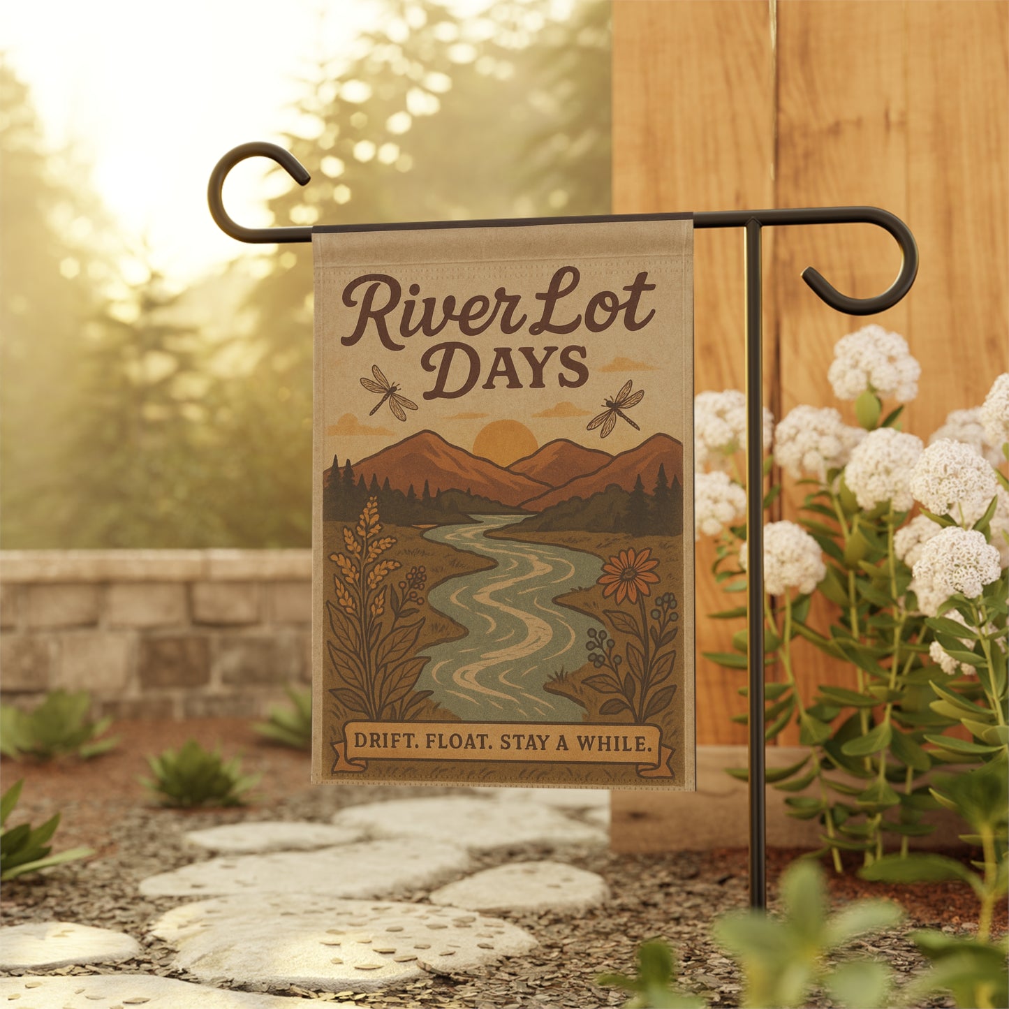 Outdoor Garden Flag - The River Lot Banner, Mountain Landscape Decor, Garden flag for the river with dragonflies
