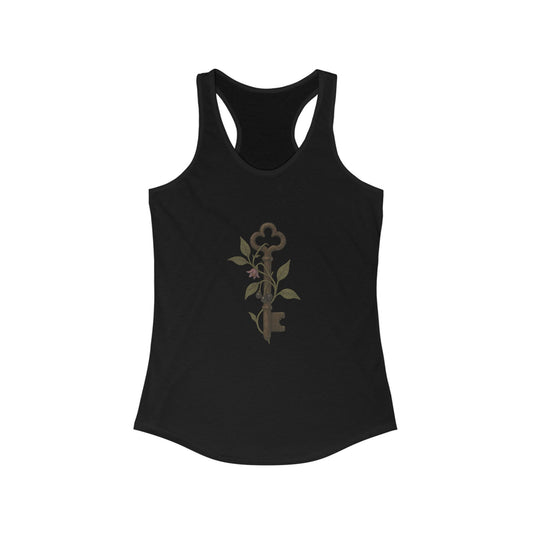 Black tank top with an antique key wrapped in a nightshade vine