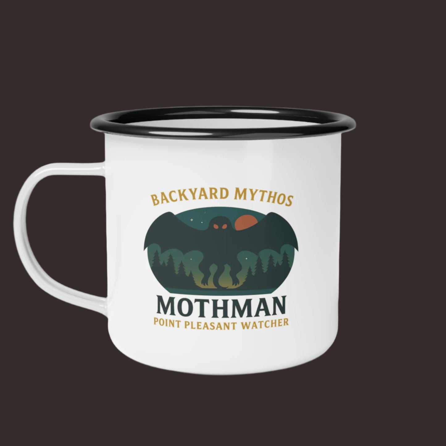 Mug with Mothman design and text on a white background