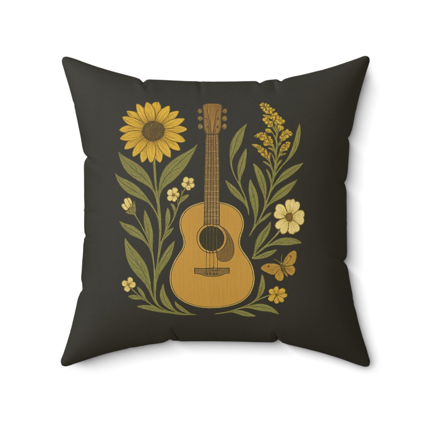 Folk Art Pillow, Guitar Butterfly Sunflower on Faded Black Background - Spun Polyester Square Pillow, Home Decor Accent, Unique Throw