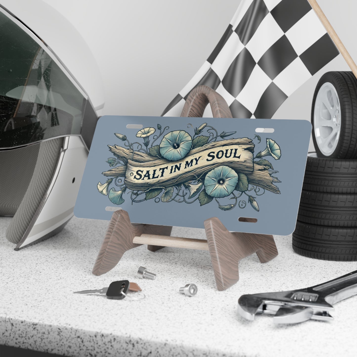 Beach Vanity Plate, Salt in My Soul Driftwood Morning Glories, Coastal Car Tag, Ocean Lovers Gift, Seashell License Plate, Sand Dollar