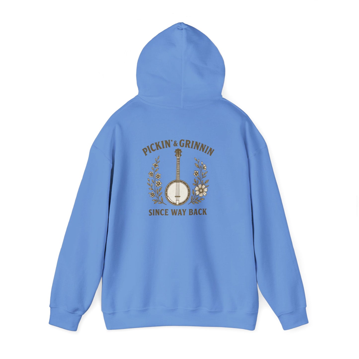 Vintage hoodie Sweatshirt with Pickin and Grinnin Banjo design on the back for bluegrass lovers