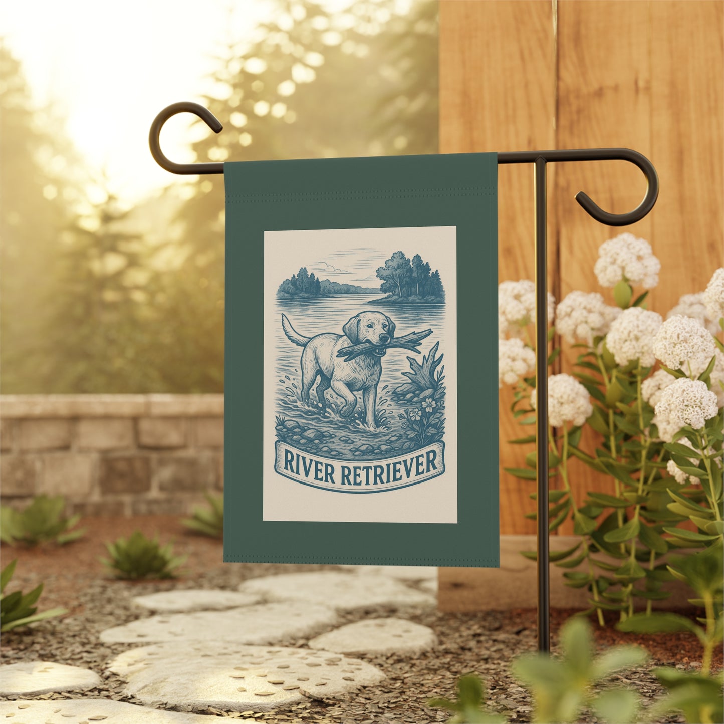 Garden Flag, Labrador Retriever Banner, Outdoor House Decoration, River Scene Decor, Pet Lover Gift, Nature Inspired Yard Art