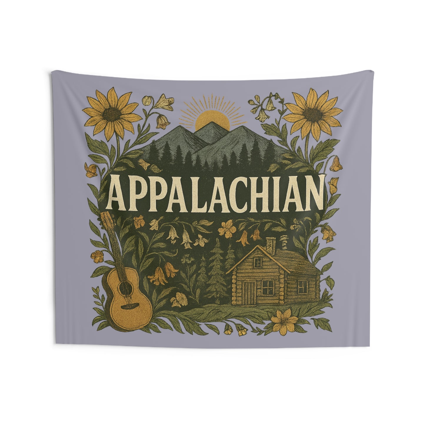 Appalachian Guitar Sunflower Mountain Scene Indoor Wall Tapestry, Home Decor, Dorm Room Decor, Wall Hanging, Festival Tapestry, Gift