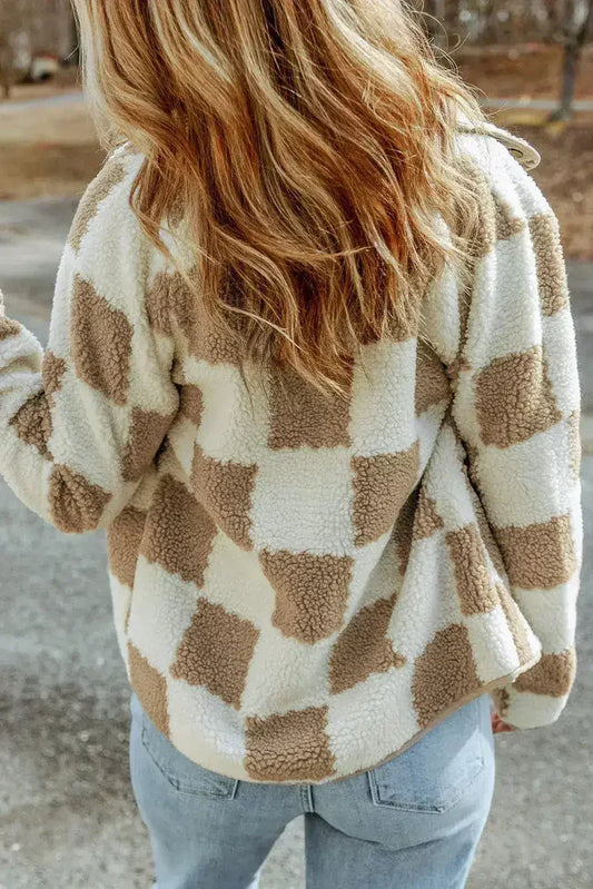 Plaid Sherpa Jacket - Brown Check Snap Button - Cozy Fleece Lined