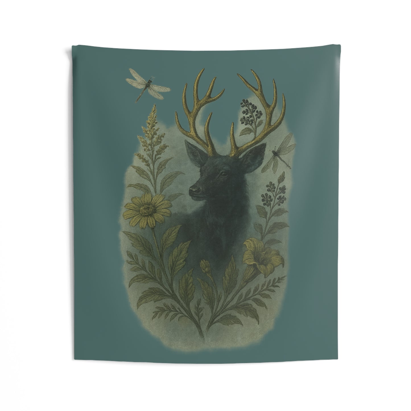 Enchanted Stag Botanical Tapestry β Teal Green Wall Hanging