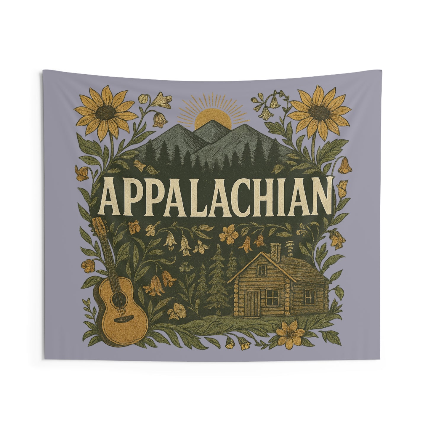 Appalachian Guitar Sunflower Mountain Scene Indoor Wall Tapestry, Home Decor, Dorm Room Decor, Wall Hanging, Festival Tapestry, Gift
