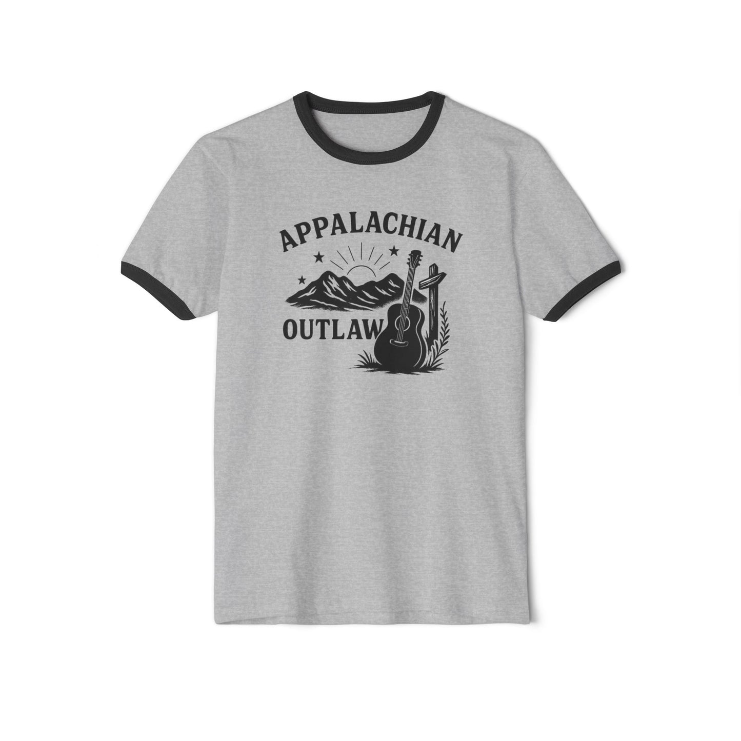 Appalachian Outlaw Ringer Tee ,Vintage Country Music Shirt, Retro Mountain Guitar Graphic, Gift for Him or Her