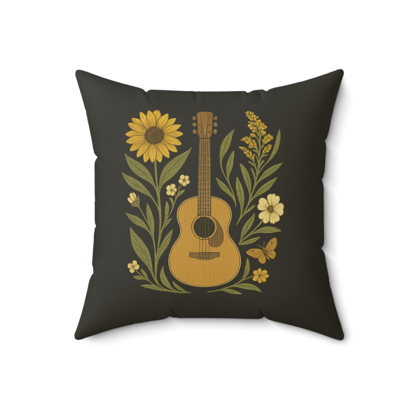 Folk Art Pillow, Guitar Butterfly Sunflower on Faded Black Background - Spun Polyester Square Pillow, Home Decor Accent, Unique Throw