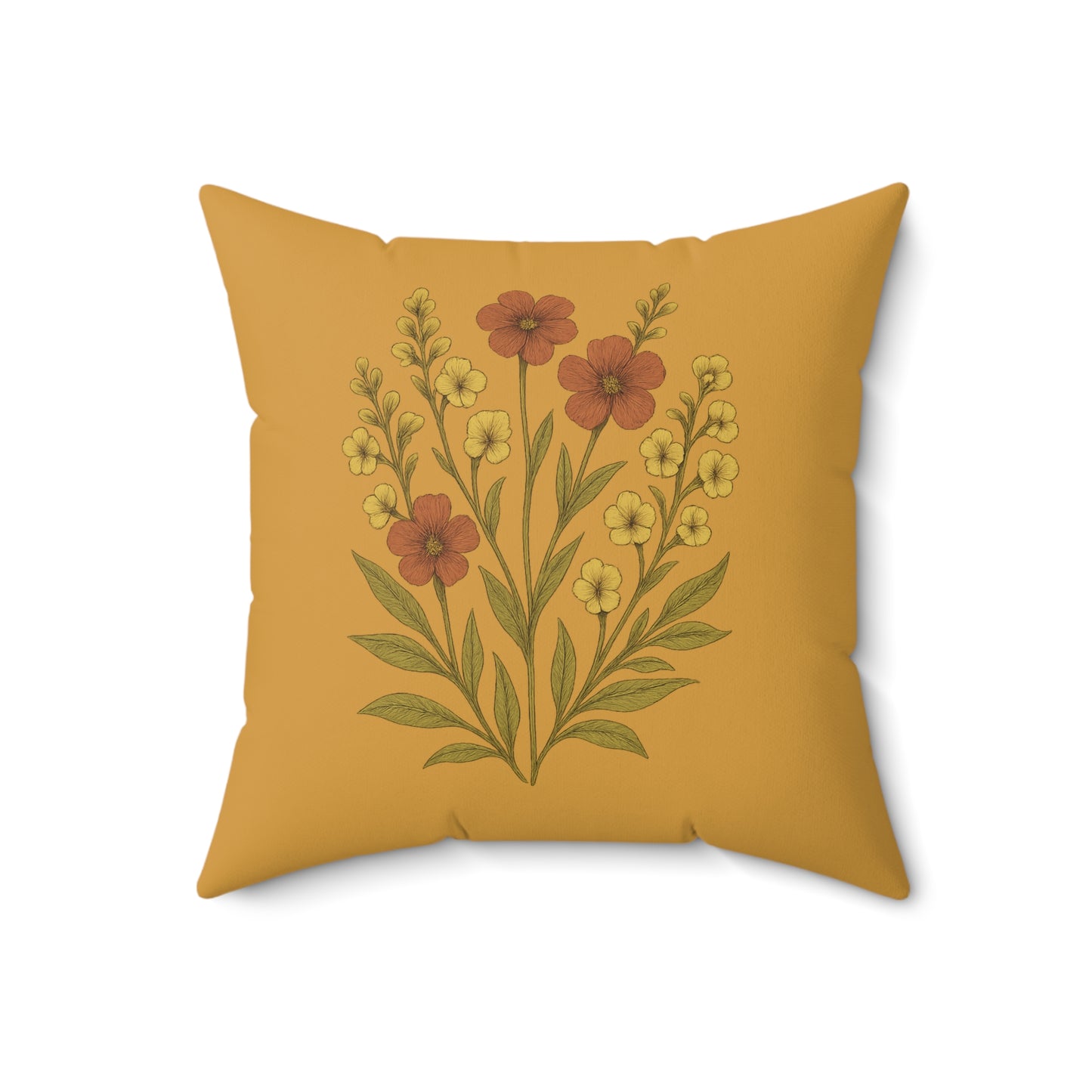 Wildflower Mustard Square Pillow for Home Decor, Floral Accent Cushion, Decorative Throw Pillow Set, Red and White Flowers, Spun Polyester