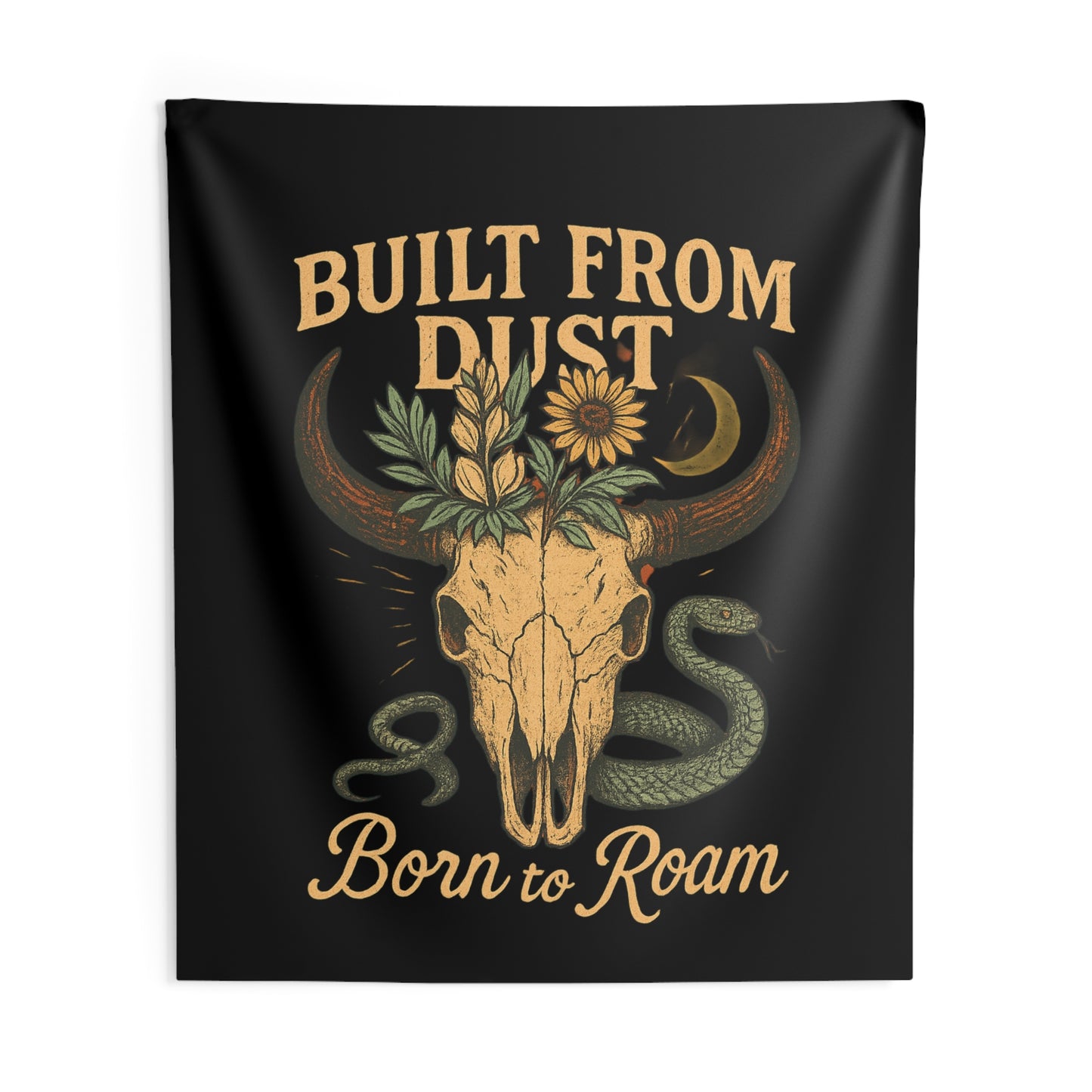 Cow Skull Sunflower Wall Tapestry — 'Born to Roam' Desert Snake Boho Decor