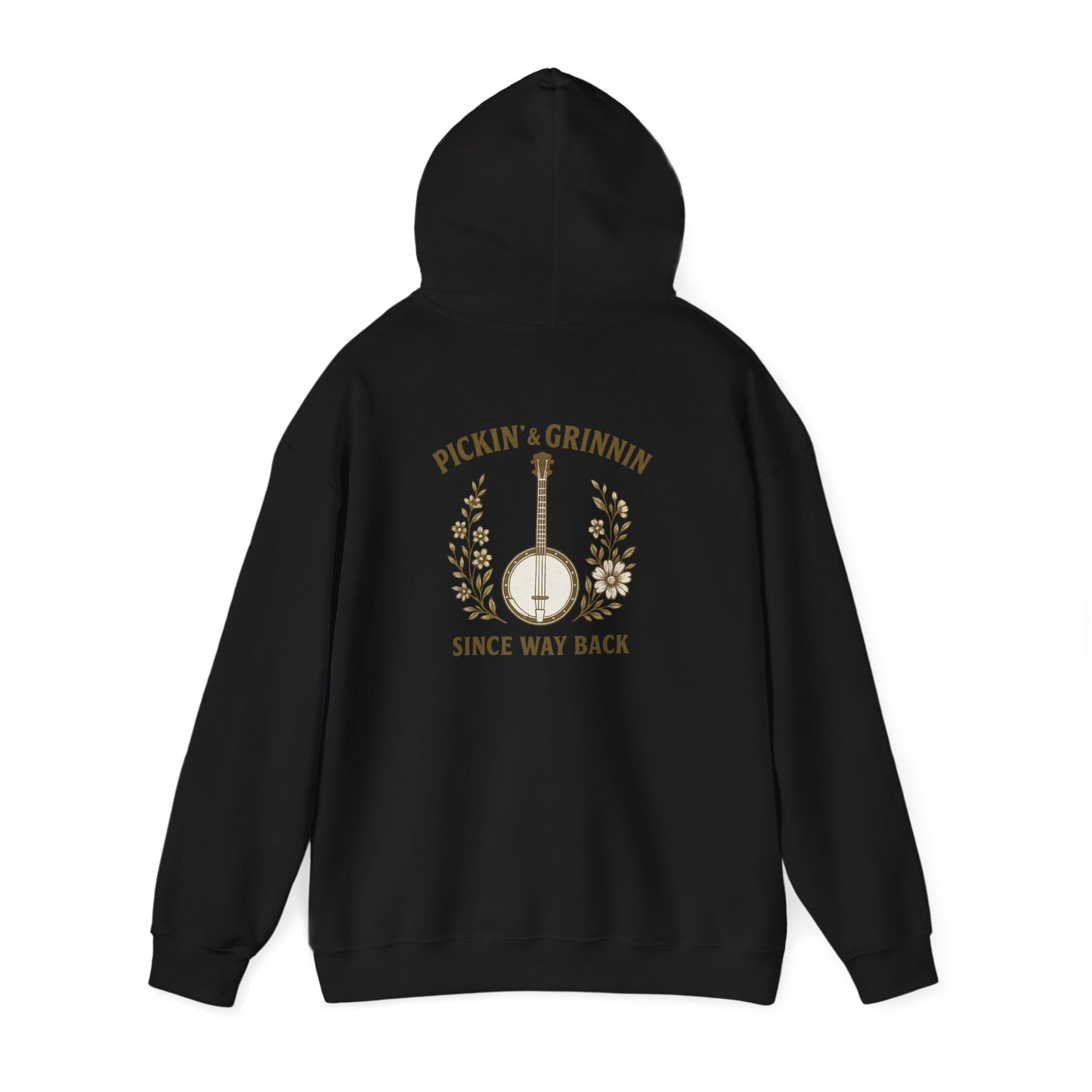 Vintage hoodie Sweatshirt with Pickin and Grinnin Banjo design on the back for bluegrass lovers