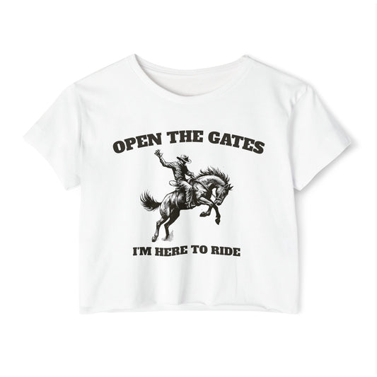 Rodeo inspired cropped tee, Open the gates rodeo Festival Crop Top | Music Lover Gift, Retro Shirt, Concert Attire, Summer Top