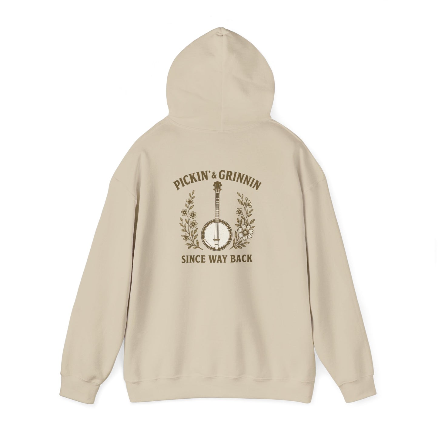 Vintage hoodie Sweatshirt with Pickin and Grinnin Banjo design on the back for bluegrass lovers
