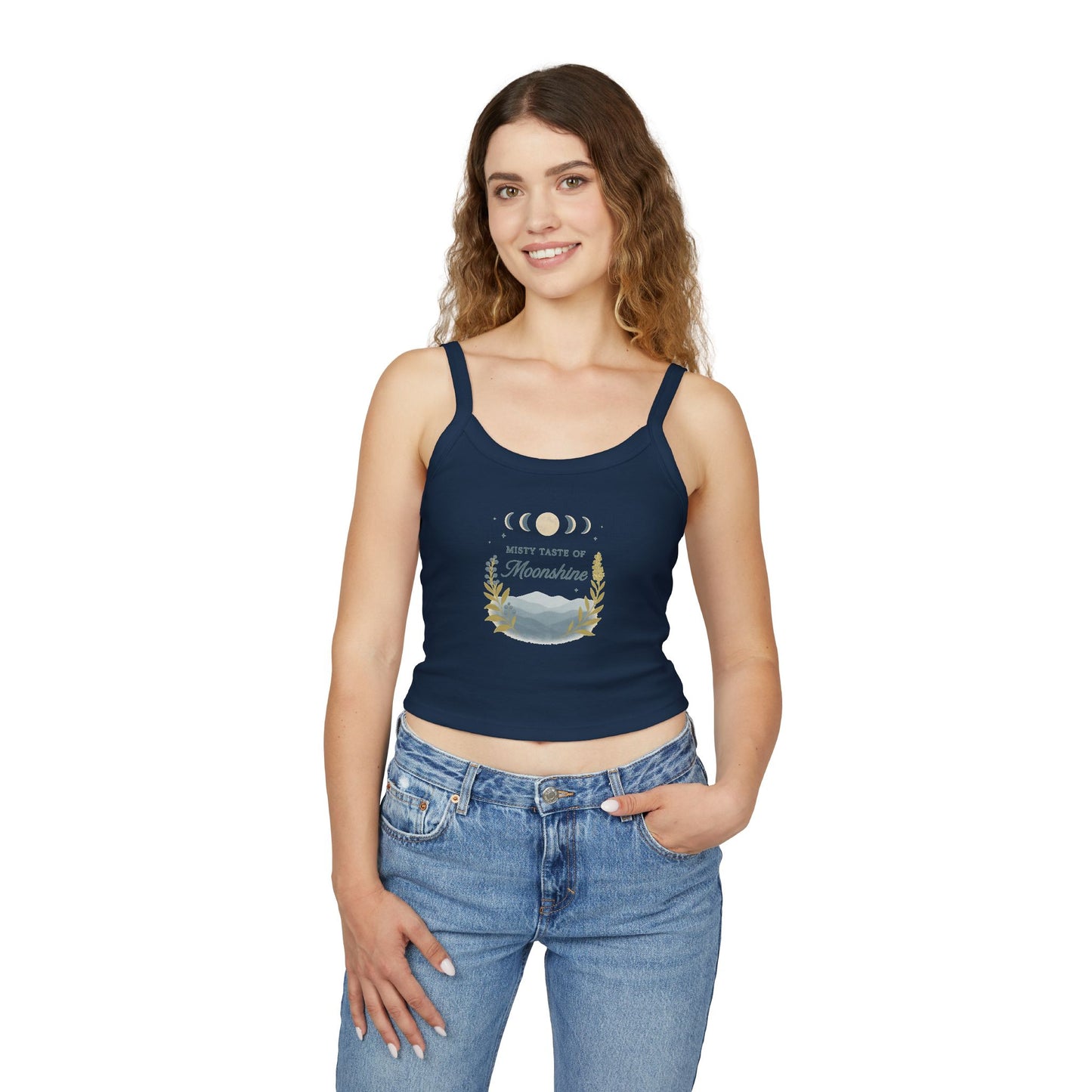 Moonshine Vibes Women's Spaghetti Strap Tank Top, Summer Outfit, Boho Style, Festival Wear, Gift for Her, Eco-Friendly Top