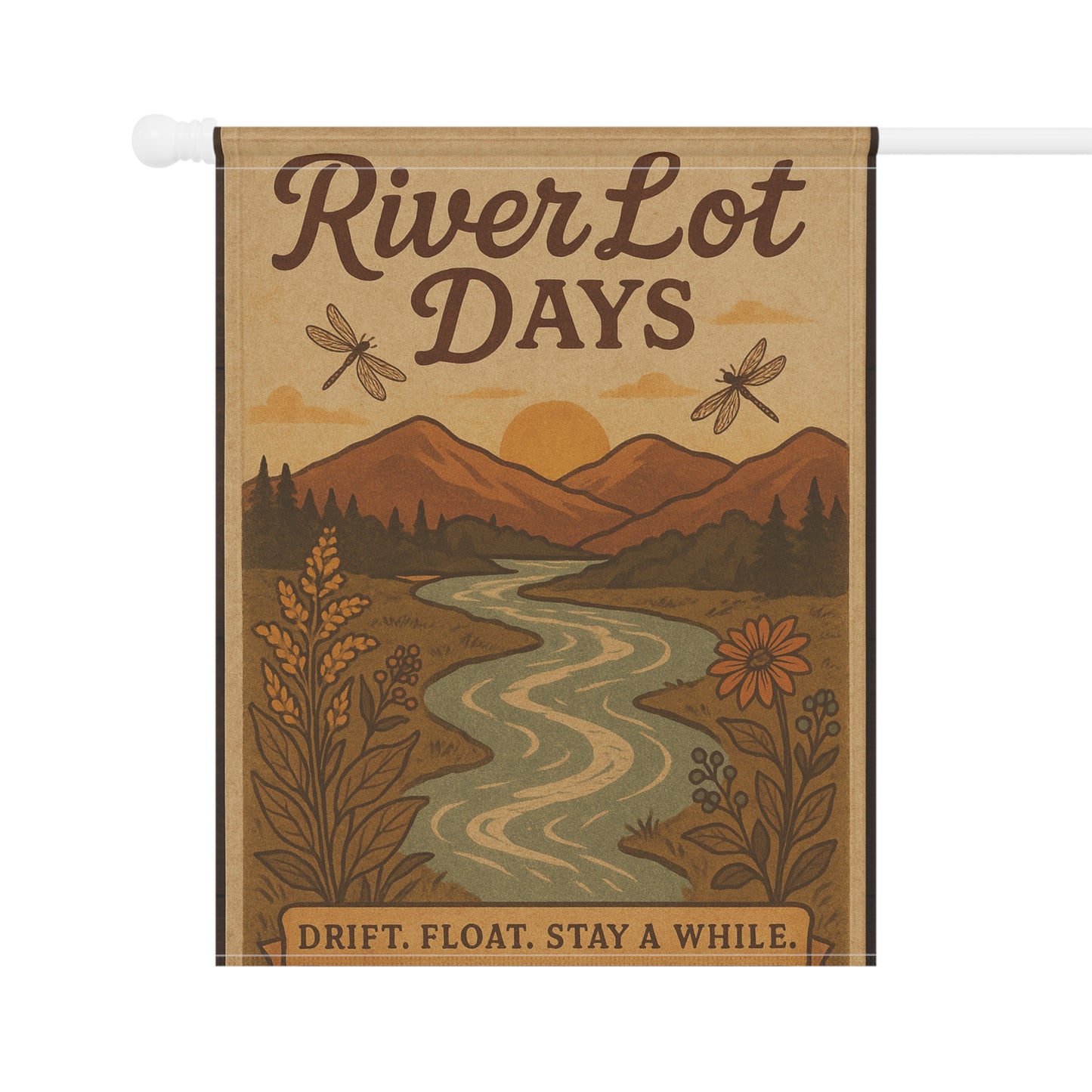 Outdoor Garden Flag - The River Lot Banner, Mountain Landscape Decor, Garden flag for the river with dragonflies