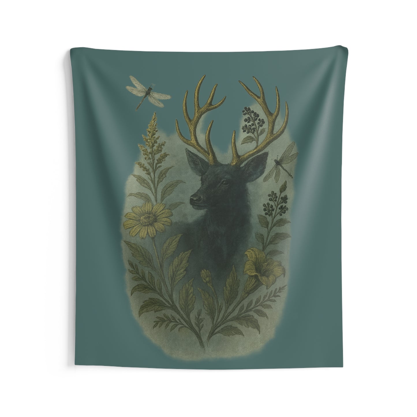 Enchanted Stag Botanical Tapestry β Teal Green Wall Hanging