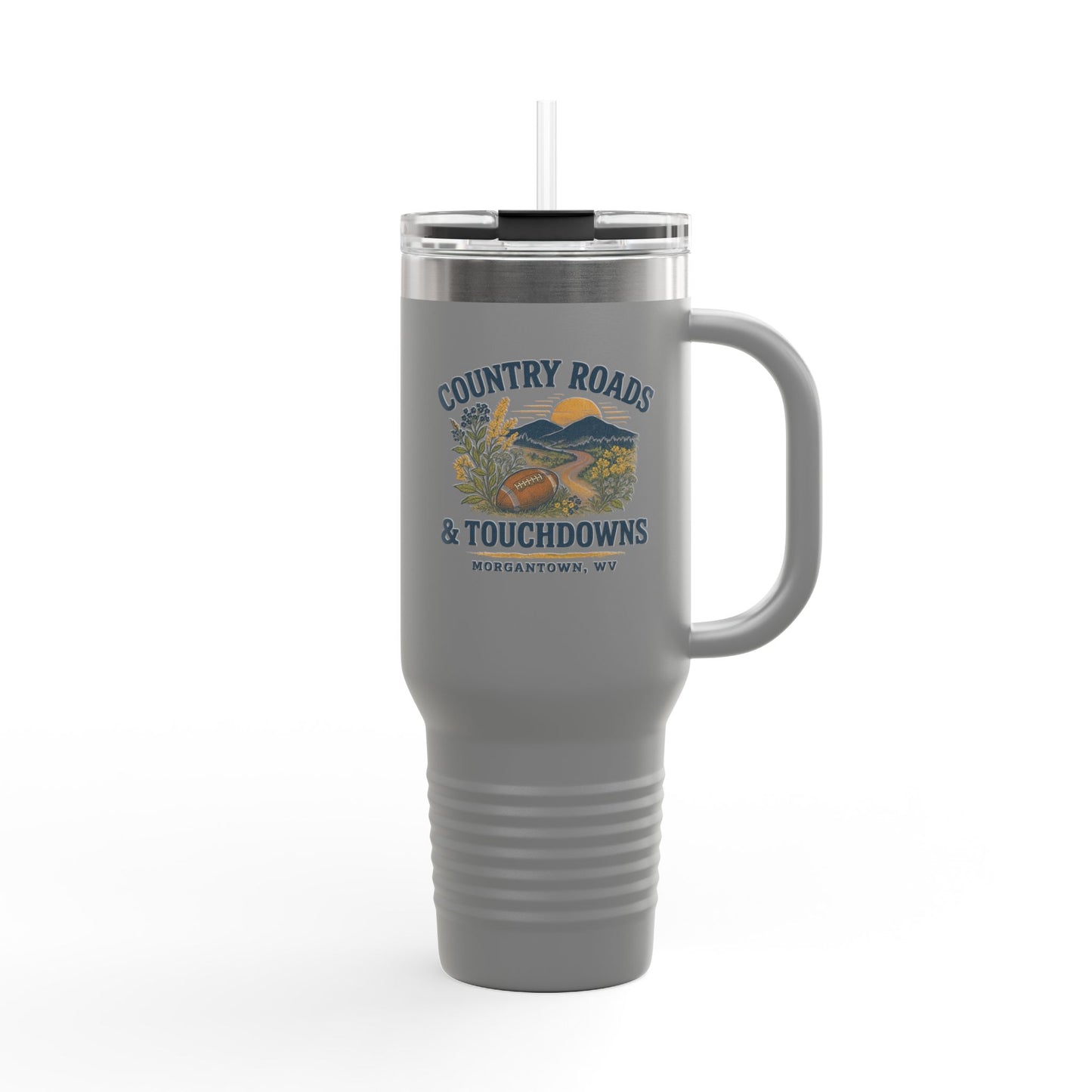 Country Roads Touchdowns Tailgating Insulated Travel Mug, 40oz - Game Day Cup, Football Fans Gift, Sports Lover, Tailgate Party Supplies,