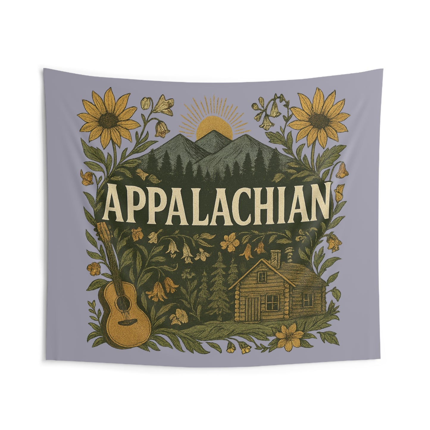 Appalachian Guitar Sunflower Mountain Scene Indoor Wall Tapestry, Home Decor, Dorm Room Decor, Wall Hanging, Festival Tapestry, Gift