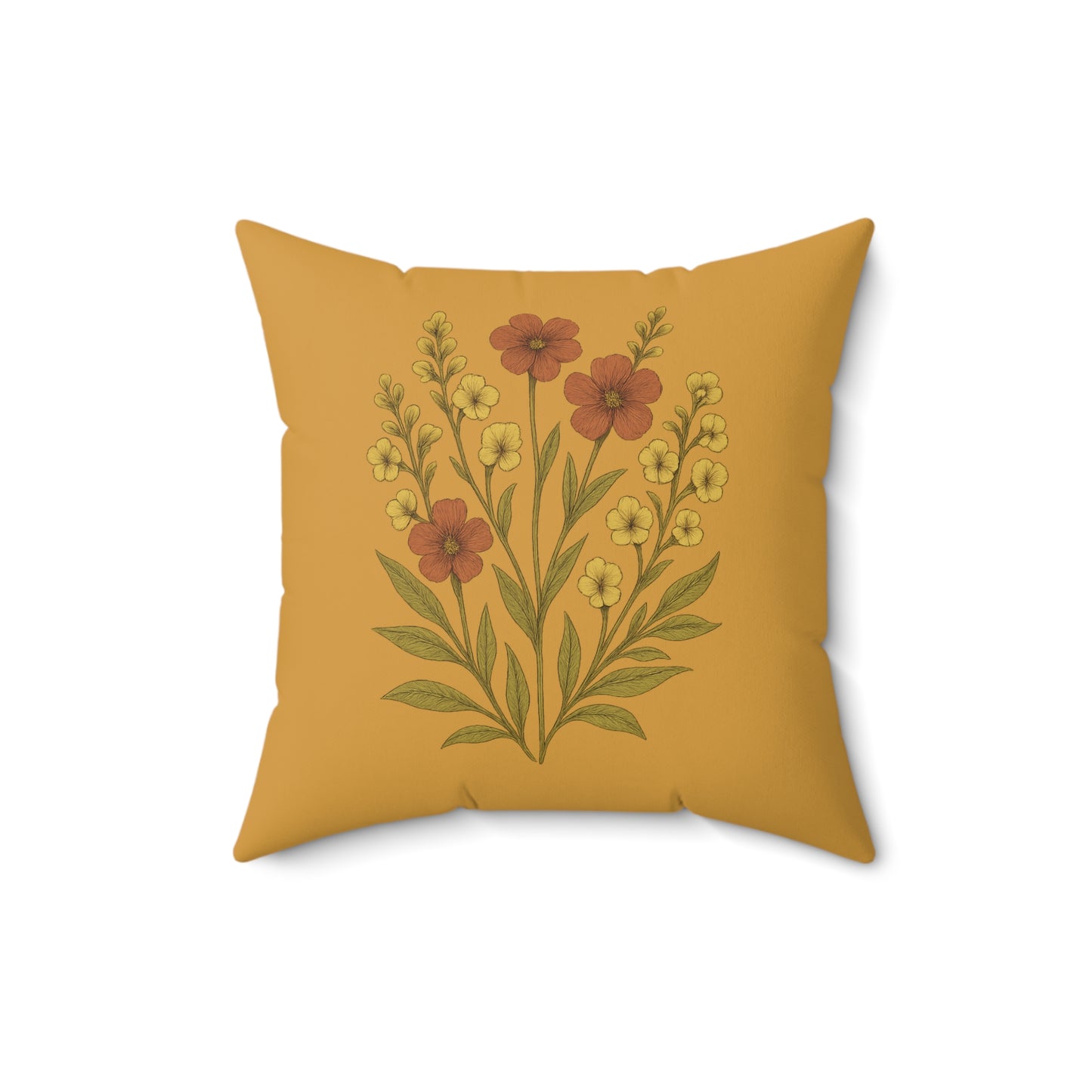 Wildflower Mustard Square Pillow for Home Decor, Floral Accent Cushion, Decorative Throw Pillow Set, Red and White Flowers, Spun Polyester