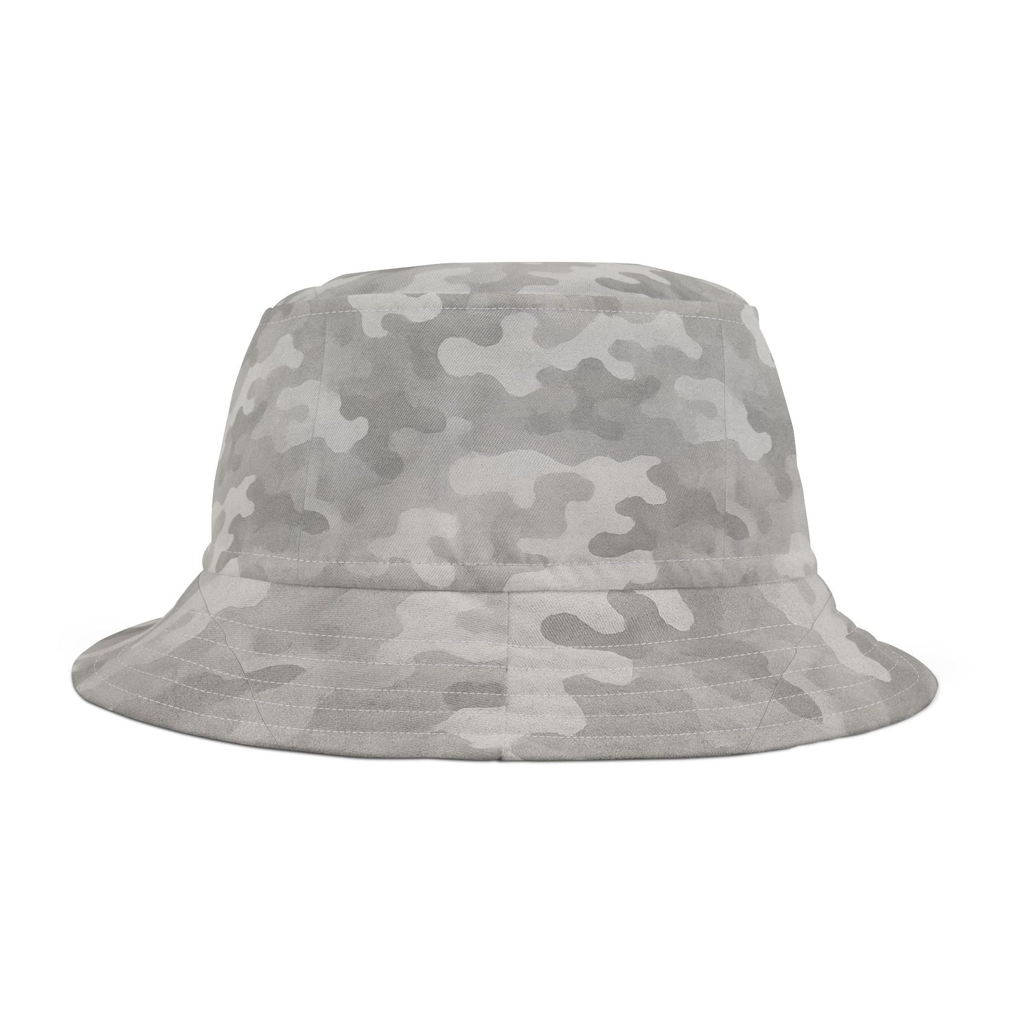 Camouflage-patterned bucket hat on a white background