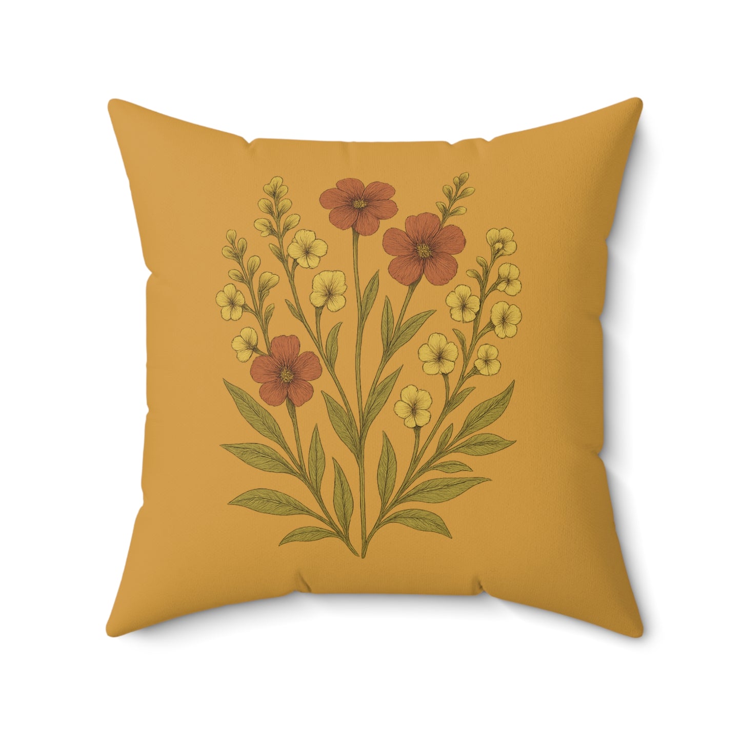 Wildflower Mustard Square Pillow for Home Decor, Floral Accent Cushion, Decorative Throw Pillow Set, Red and White Flowers, Spun Polyester