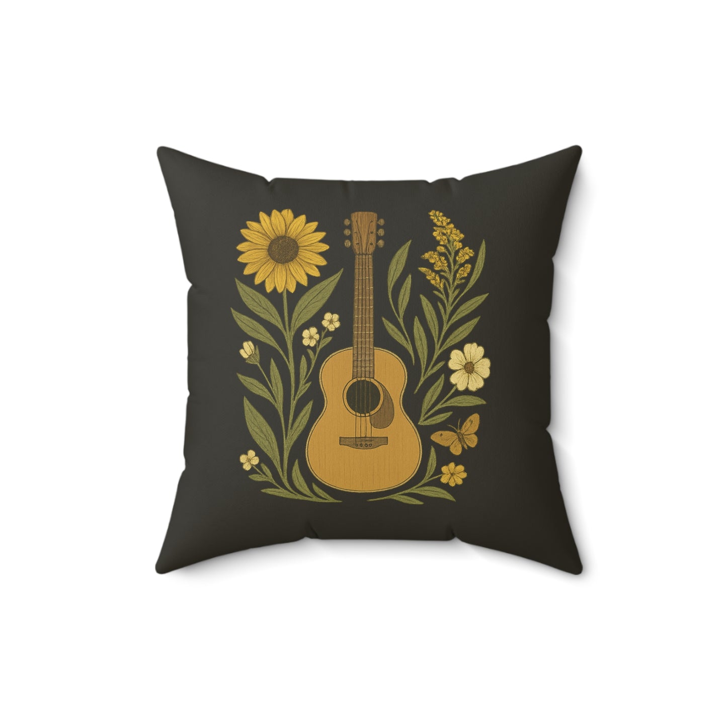 Folk Art Pillow, Guitar Butterfly Sunflower on Faded Black Background - Spun Polyester Square Pillow, Home Decor Accent, Unique Throw