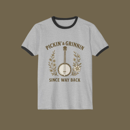 Vintage Banjo Unisex Ringer T-Shirt - Perfect for Musicians, Music Festivals, Gifts, Casual Wear, Bluegrass Lovers, Country Music
