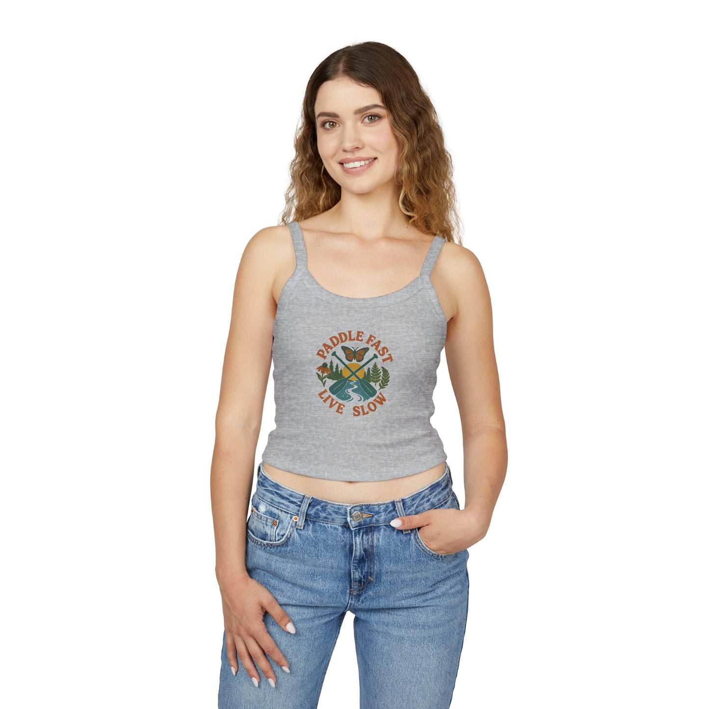 Adventurous Women's Spaghetti Strap Tank Top - Paddle Fast Live Slow, Summer Apparel, Boho Fashion, Outdoor Wear, Eco-Friendly Clothing