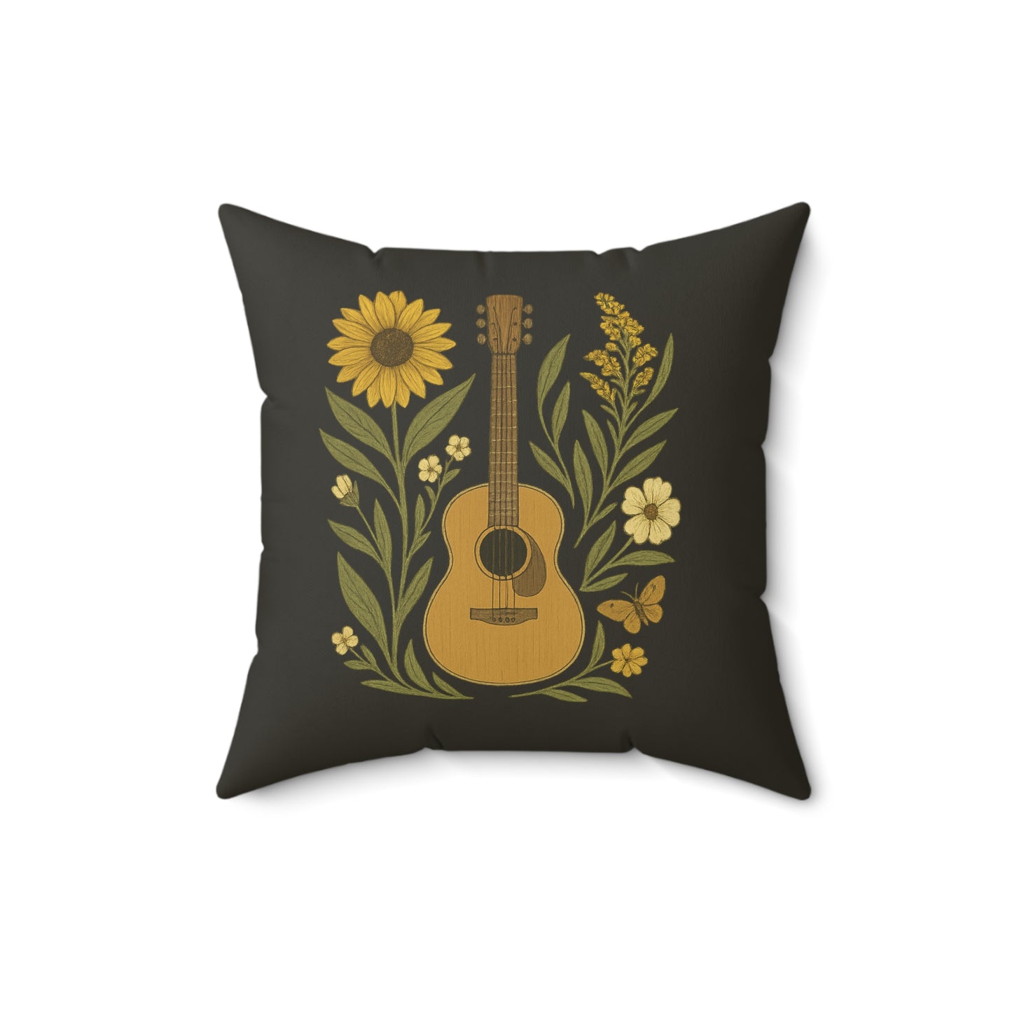 Folk Art Pillow, Guitar Butterfly Sunflower on Faded Black Background - Spun Polyester Square Pillow, Home Decor Accent, Unique Throw