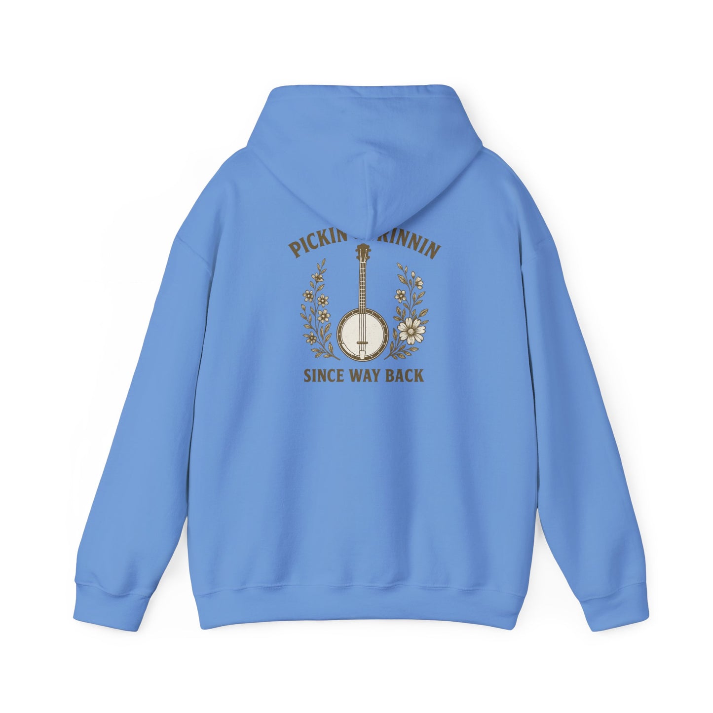 Vintage hoodie Sweatshirt with Pickin and Grinnin Banjo design on the back for bluegrass lovers
