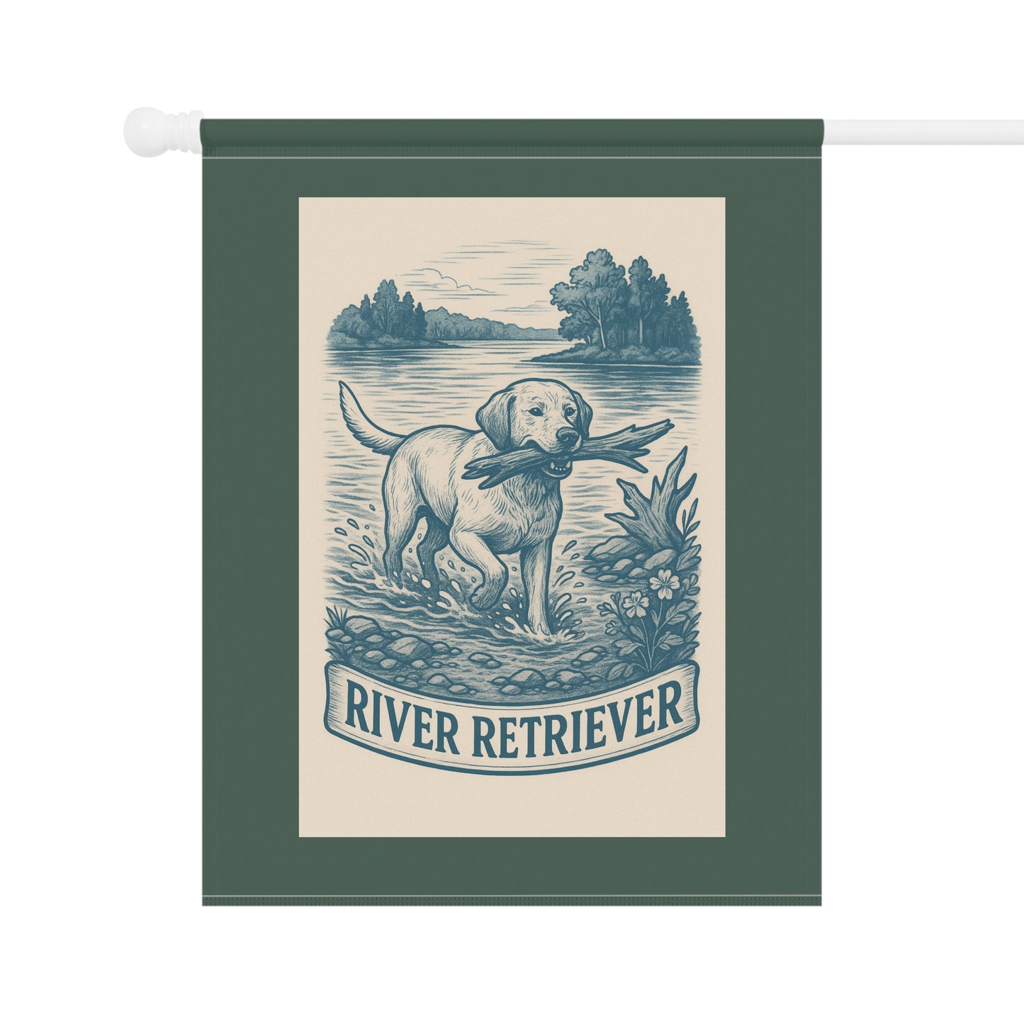 Garden Flag, Labrador Retriever Banner, Outdoor House Decoration, River Scene Decor, Pet Lover Gift, Nature Inspired Yard Art
