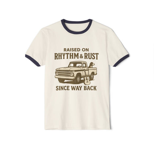 Vintage Ringer T-Shirt with Saying Raised on Rhythm and Rust, Unisex Tee, Retro Graphic Tee, Classic Cotton Shirt, 70s Inspired Top