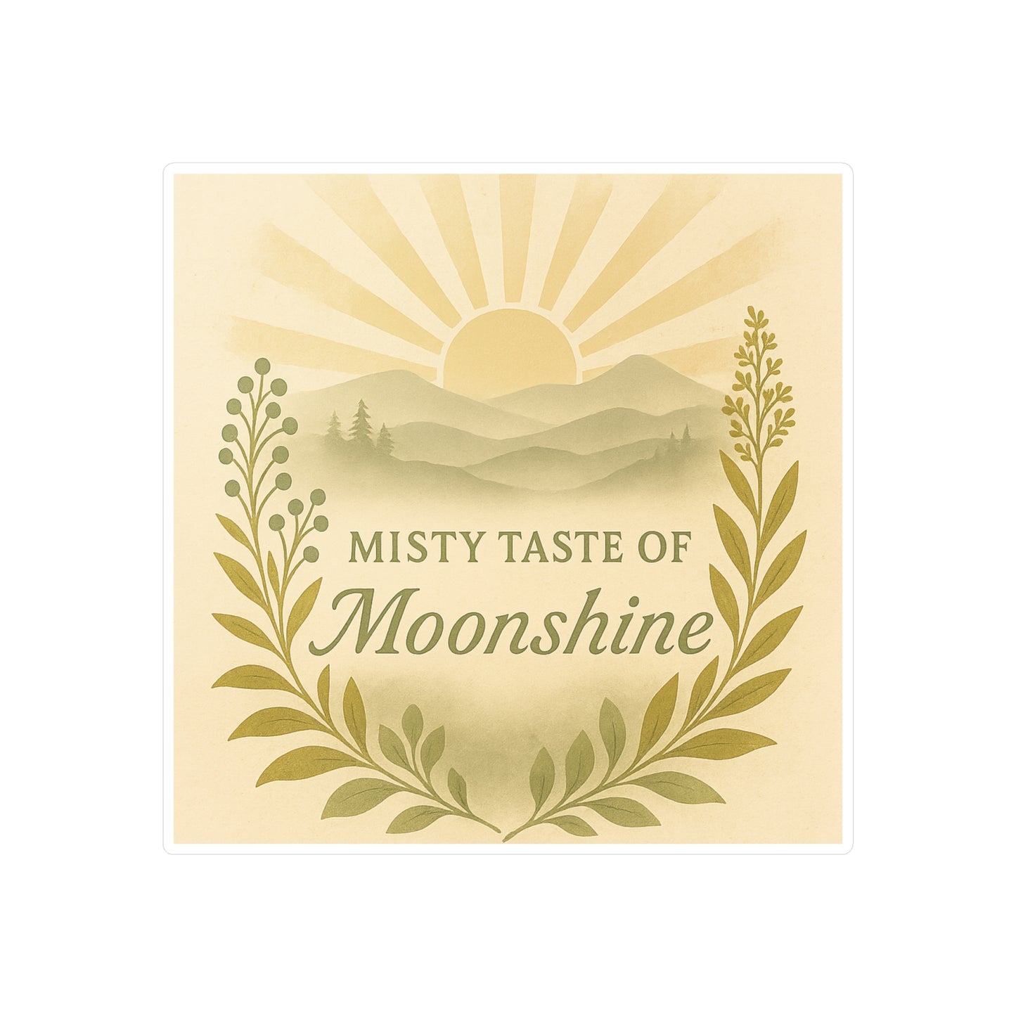 Mountain Sunrise Kiss-Cut Vinyl Decals, Misty Taste of Moonshine Sticker for Laptop, Water Bottle, Car, Sun and Mountains Decal, Nature