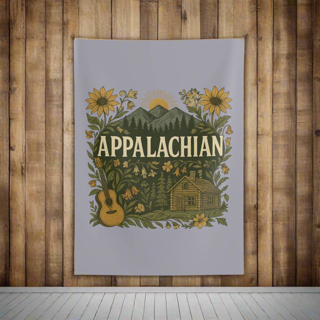 Appalachian Guitar Sunflower Mountain Scene Indoor Wall Tapestry, Home Decor, Dorm Room Decor, Wall Hanging, Festival Tapestry, Gift