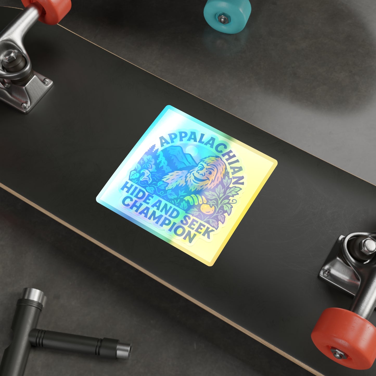 Holographic Bigfoot Stickers, Appalachian Hide and Seek Champion Vinyl, Fun Gift for Adventurers, Outdoor Decor, Skateboard Accessories