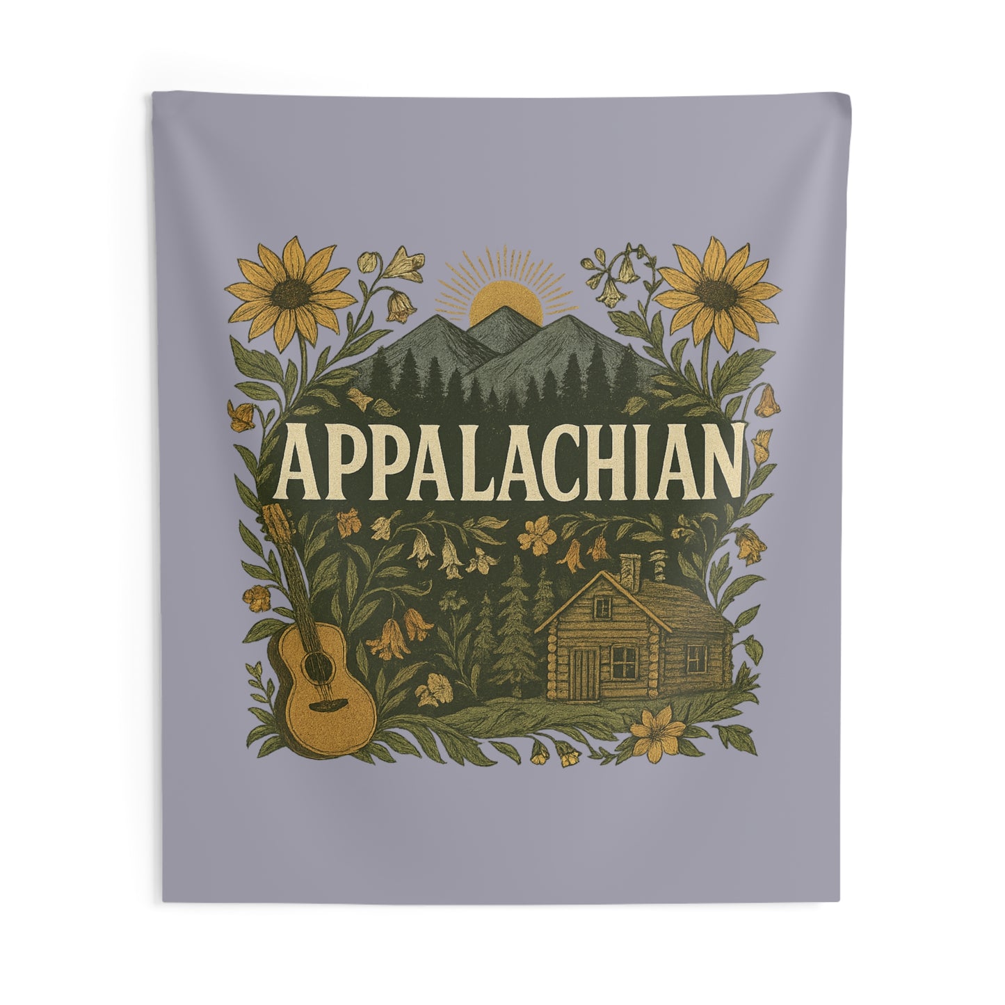 Appalachian Guitar Sunflower Mountain Scene Indoor Wall Tapestry, Home Decor, Dorm Room Decor, Wall Hanging, Festival Tapestry, Gift