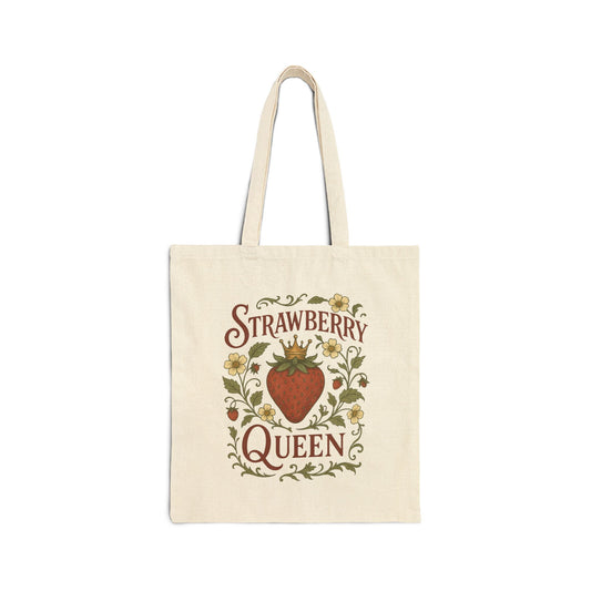 Strawberry Queen Cotton Canvas Tote Bag, Fruit Lover Reusable Farmers Market Purse, 100% Cotton Shopper, Grocery Bag, Beach Tote, Summer
