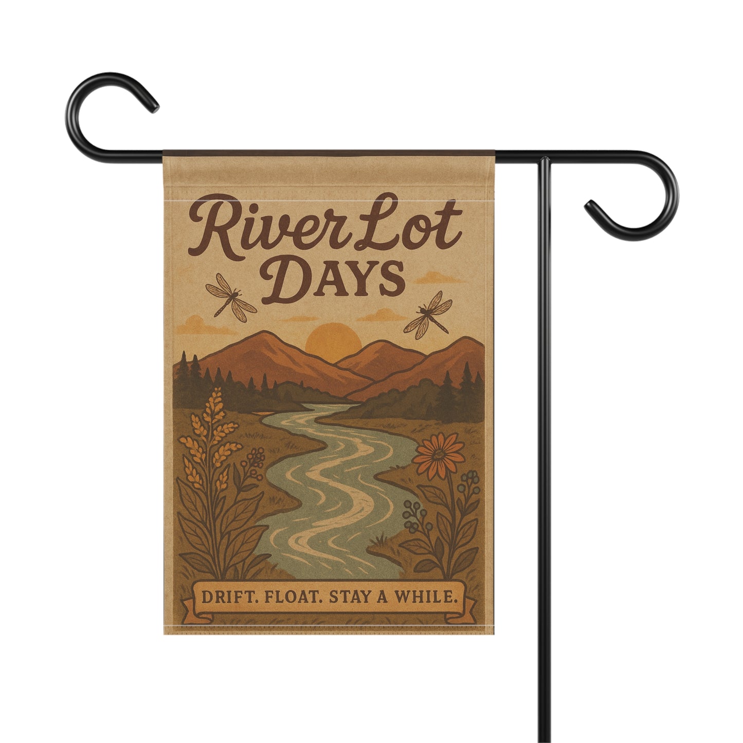 Outdoor Garden Flag - The River Lot Banner, Mountain Landscape Decor, Garden flag for the river with dragonflies
