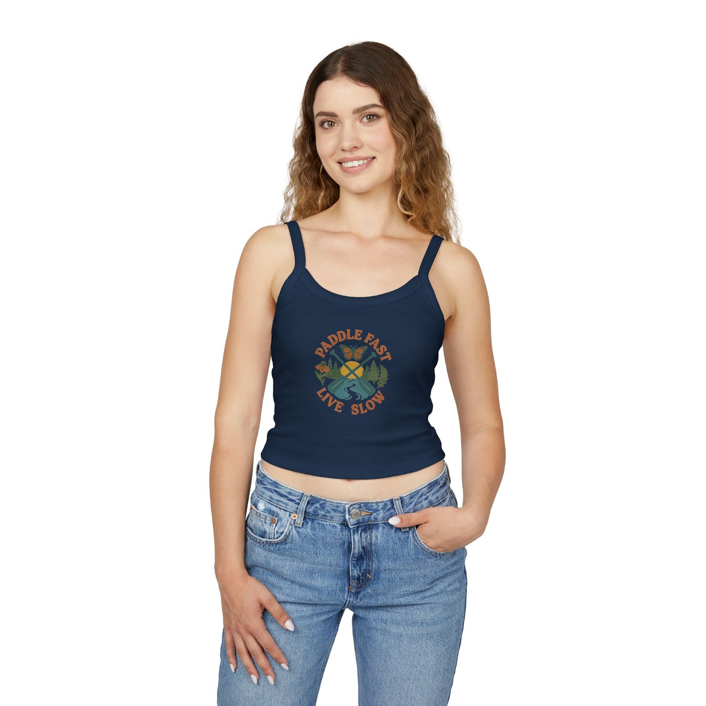 Adventurous Women's Spaghetti Strap Tank Top - Paddle Fast Live Slow, Summer Apparel, Boho Fashion, Outdoor Wear, Eco-Friendly Clothing