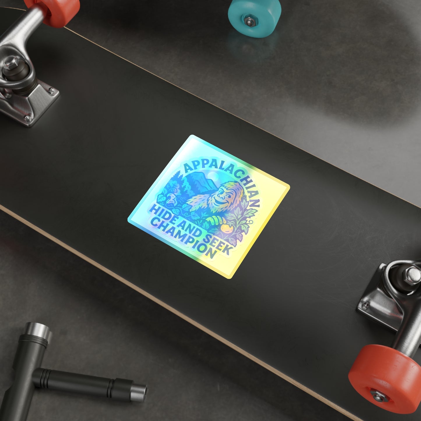 Holographic Bigfoot Stickers, Appalachian Hide and Seek Champion Vinyl, Fun Gift for Adventurers, Outdoor Decor, Skateboard Accessories