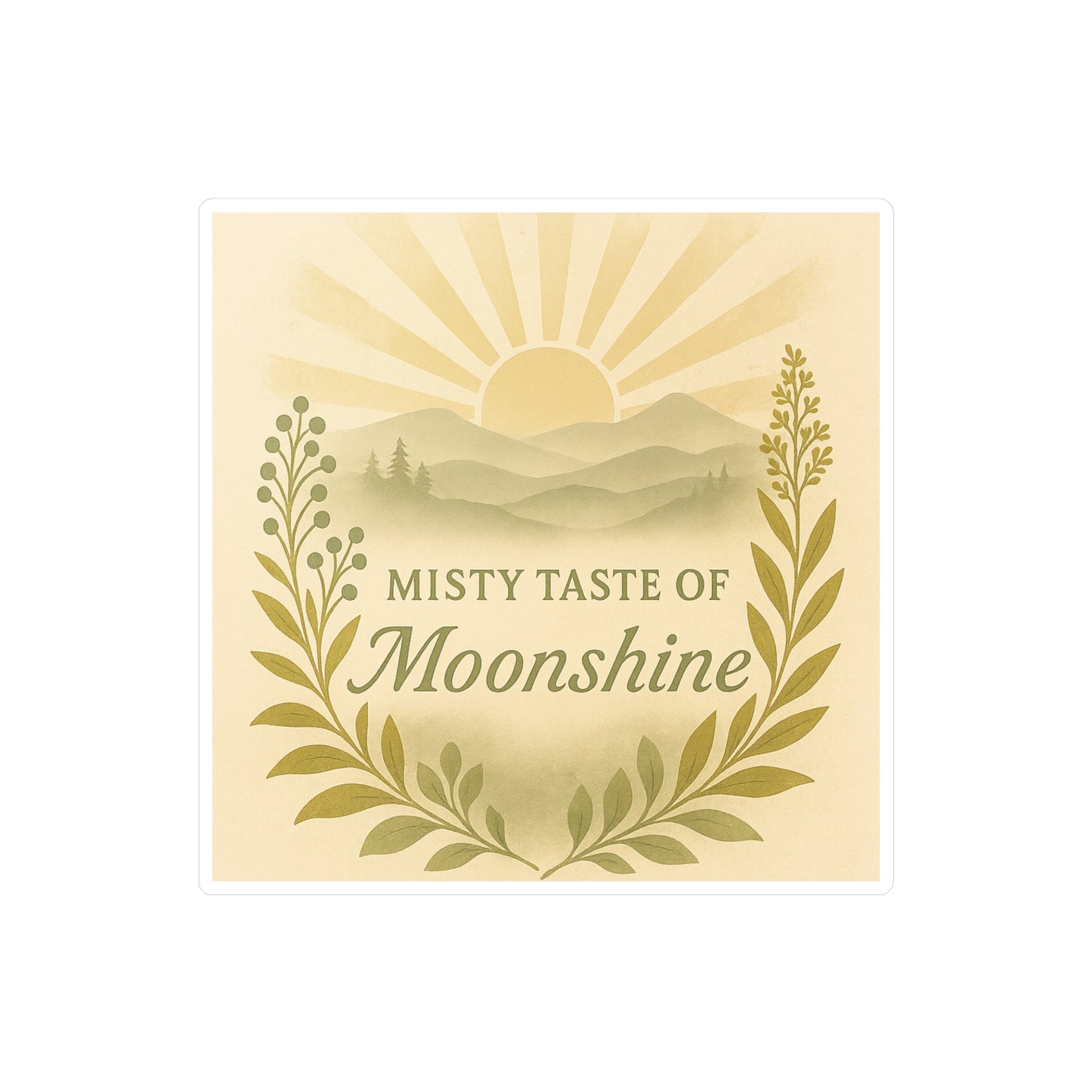 Mountain Sunrise Kiss-Cut Vinyl Decals, Misty Taste of Moonshine Sticker for Laptop, Water Bottle, Car, Sun and Mountains Decal, Nature