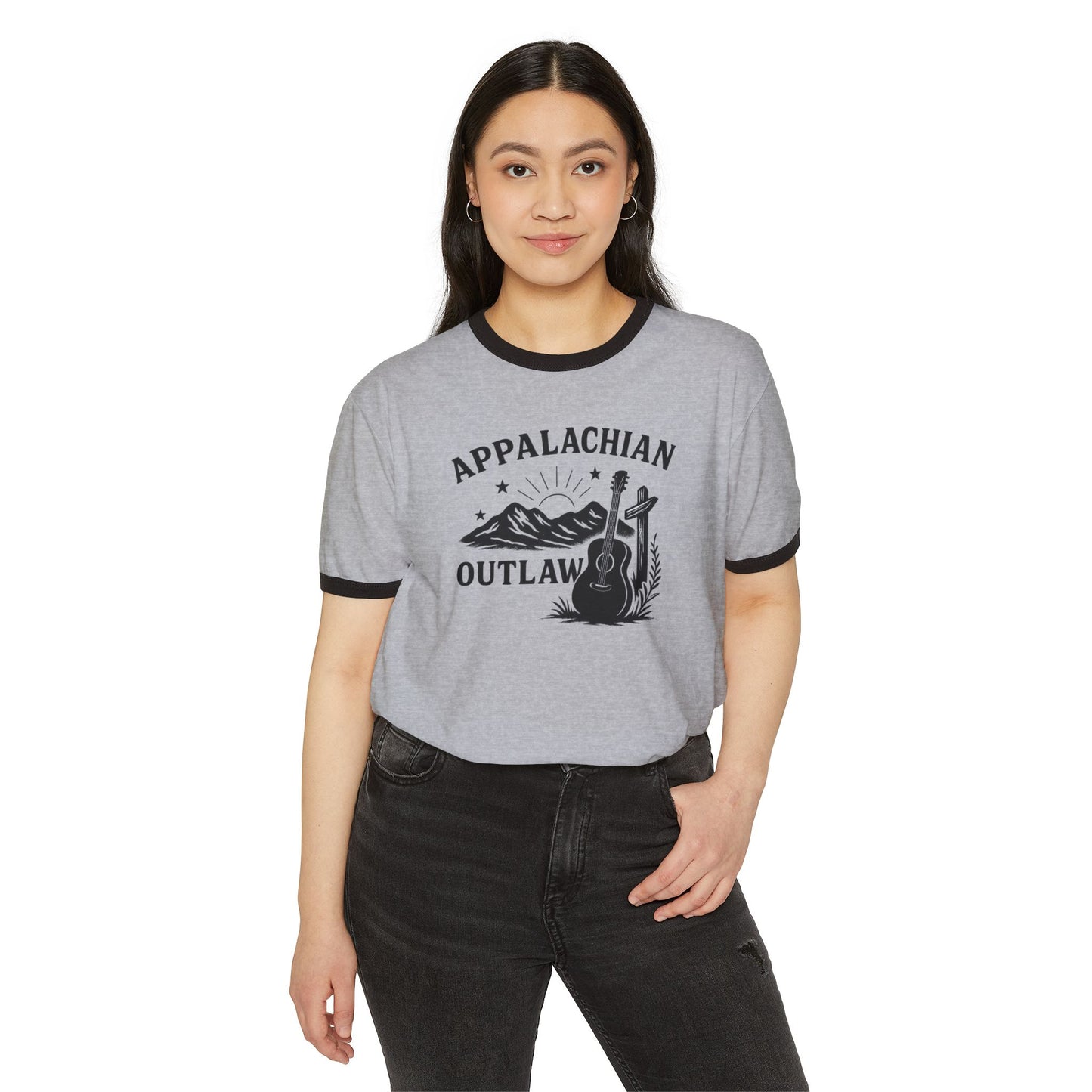 Appalachian Outlaw Ringer Tee ,Vintage Country Music Shirt, Retro Mountain Guitar Graphic, Gift for Him or Her