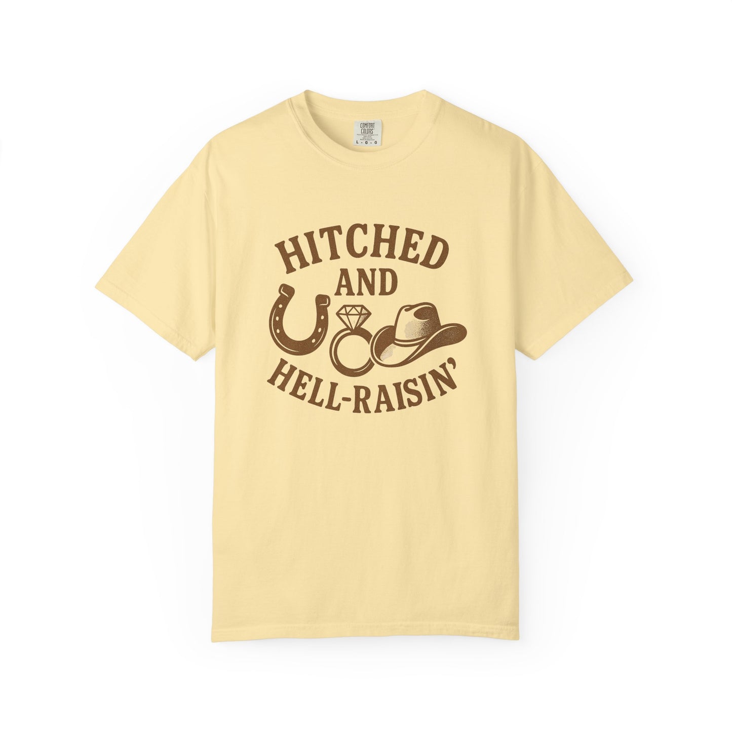 Country Bachelorette party T-shirt, Unisex Tee, Western Bridal Shower Shirt, Hitched and Hell-Raising Top, Southern Wedding Apparel
